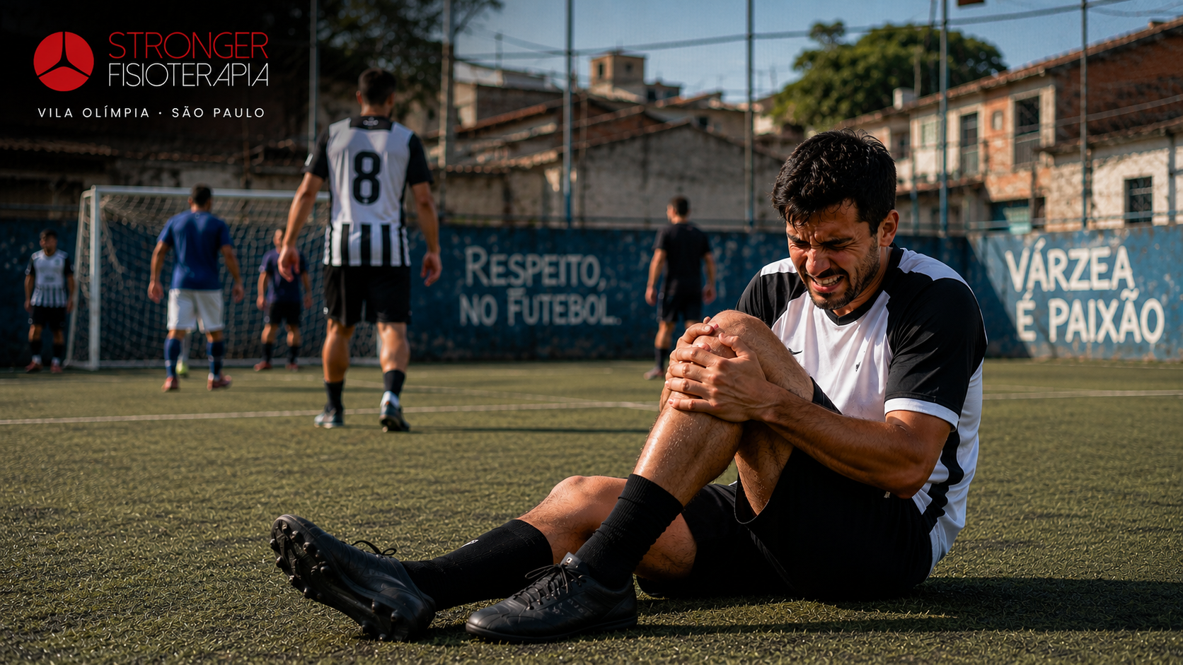 Pessoa com dor jogando futebol e segurando o tornozelo